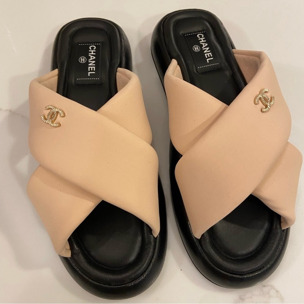 CHANEL Women's Cross Strap Mule Sandals